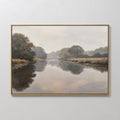 Original hand painted misty river landscape oil painting canvas wall art, warm taupe grey amber tones, nordic scandinavian elegant luxury modern home