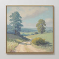 Original hand painted sage green blue vintage landscape oil painting canvas wall art, winding country road rolling hills nordic elegant luxury modern