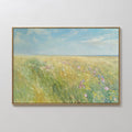 Hand painted original oil painting golden wildflower meadow canvas wall art, soft pink blooms blue sky, nordic scandinavian elegant luxury modern inte