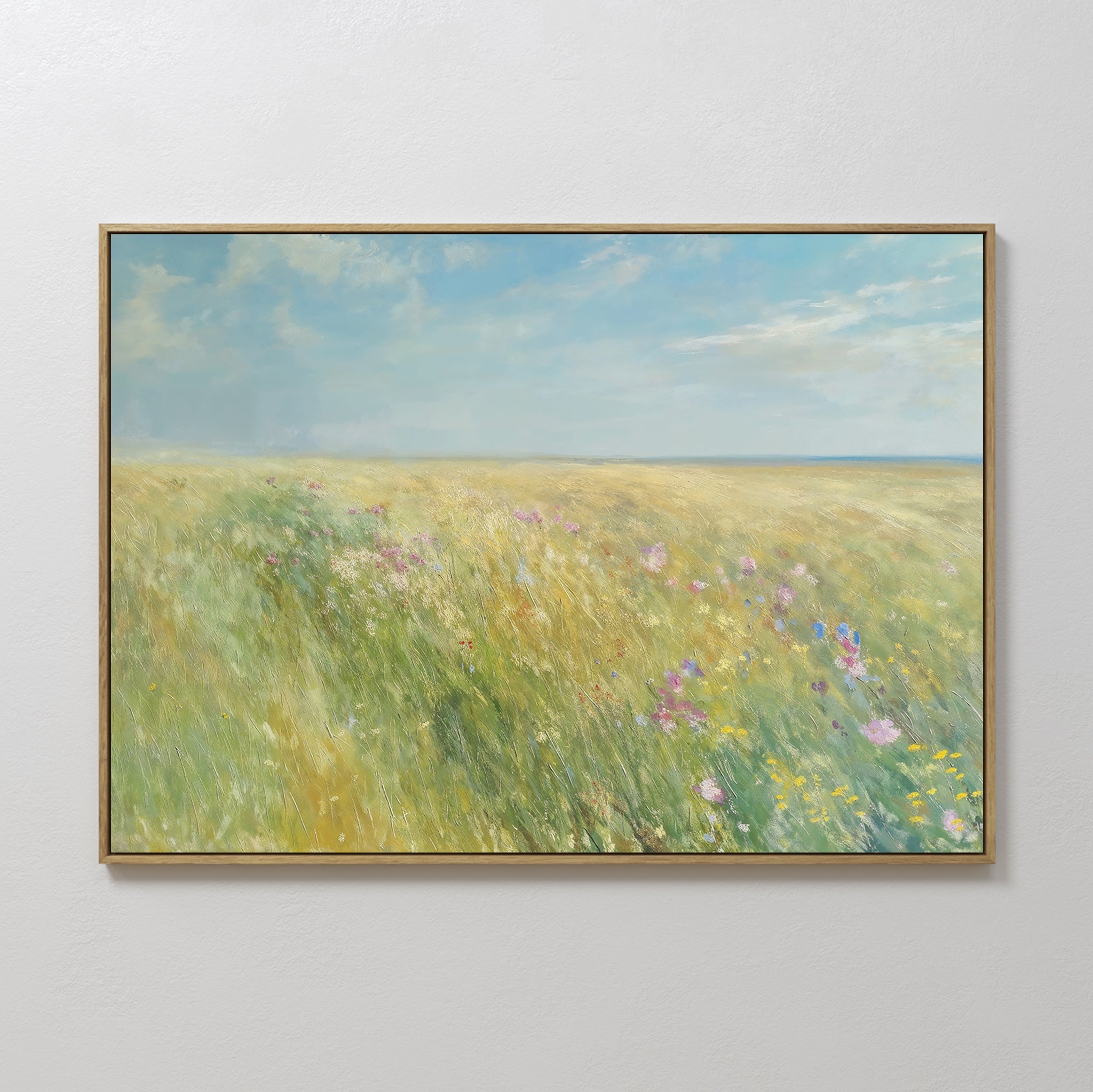 Hand painted original oil painting golden wildflower meadow canvas wall art, soft pink blooms blue sky, nordic scandinavian elegant luxury modern inte