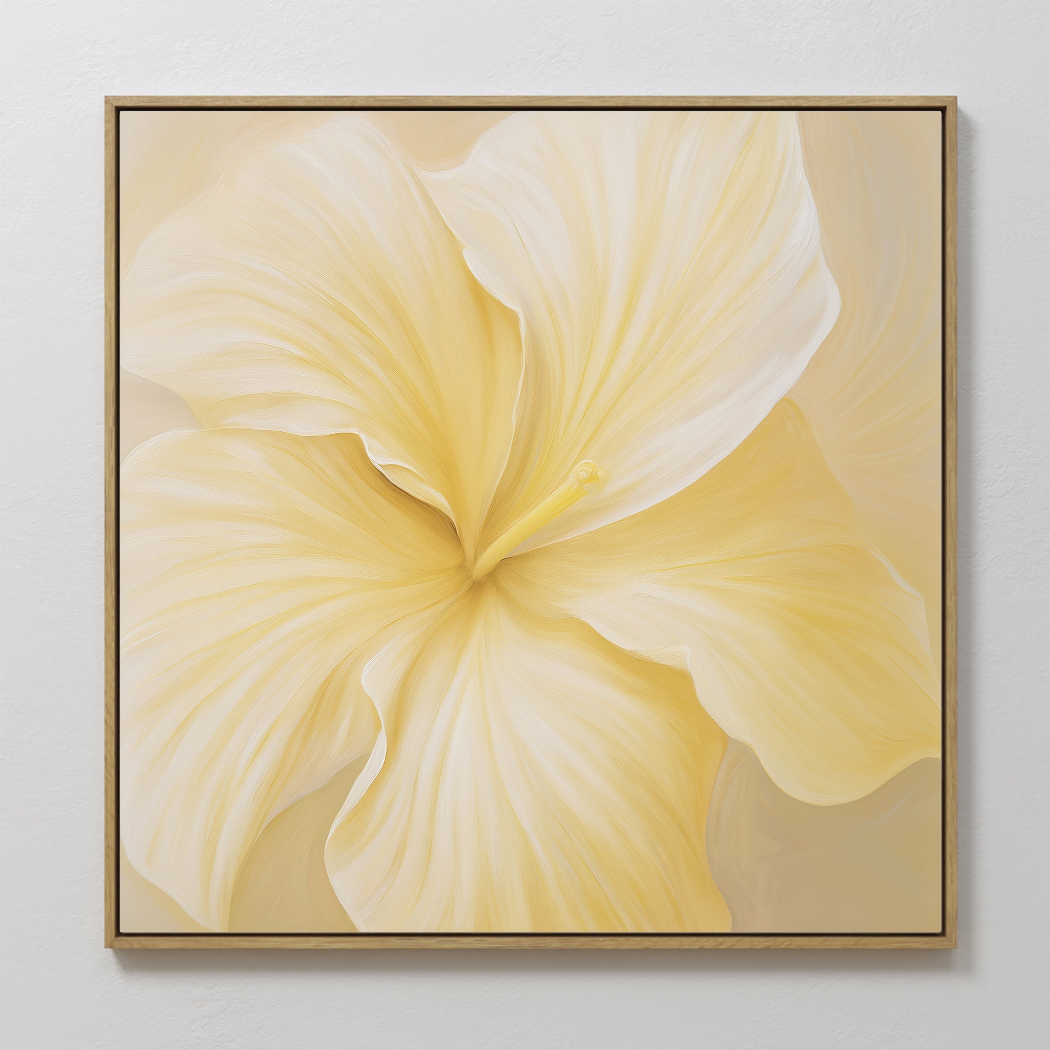 Original hand painted cream golden yellow hibiscus floral oil painting canvas wall art, nordic scandinavian elegant luxury minimalist modern living ro