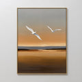 Hand painted original oil painting two white seabirds amber orange grey coastal sunset canvas wall art nordic scandinavian elegant luxury modern home