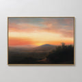 Hand painted original oil painting canvas warm amber orange sunset misty mountain silhouette landscape wall art elegant luxury modern nordic home deco