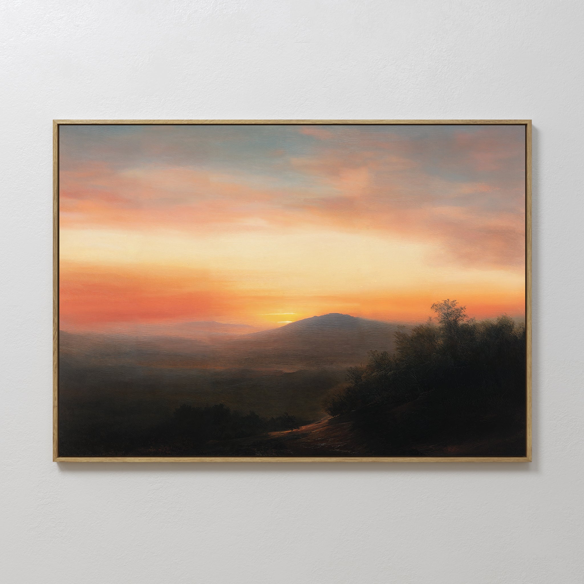 Hand painted original oil painting canvas warm amber orange sunset misty mountain silhouette landscape wall art elegant luxury modern nordic home deco
