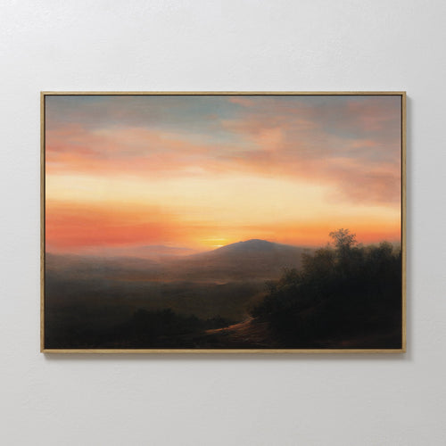 Hand painted original oil painting canvas warm amber orange sunset misty mountain silhouette landscape wall art elegant luxury modern nordic home deco