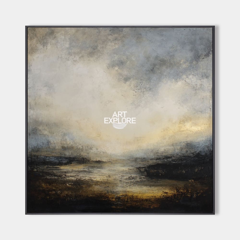 Original hand painted moody grey gold abstract landscape oil painting canvas wall art, nordic scandinavian elegant luxury modern living
