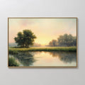 Hand painted original oil painting golden sunrise misty river landscape canvas wall art, nordic scandinavian elegant luxury modern living room home de