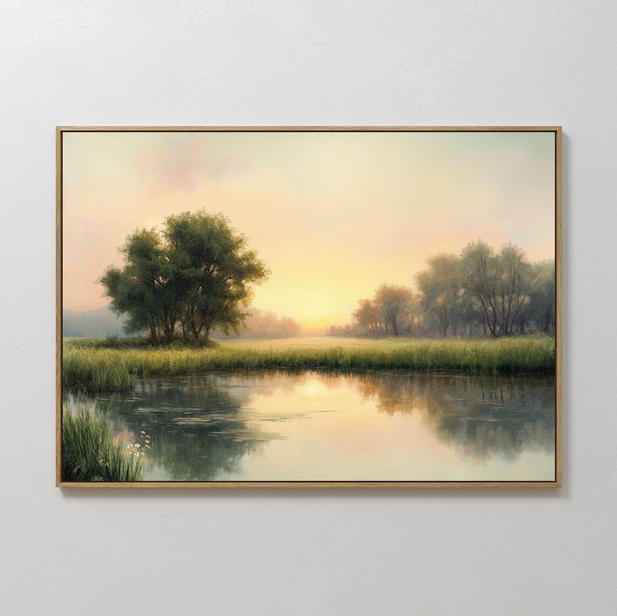 Hand painted original oil painting golden sunrise misty river landscape canvas wall art, nordic scandinavian elegant luxury modern living room home de