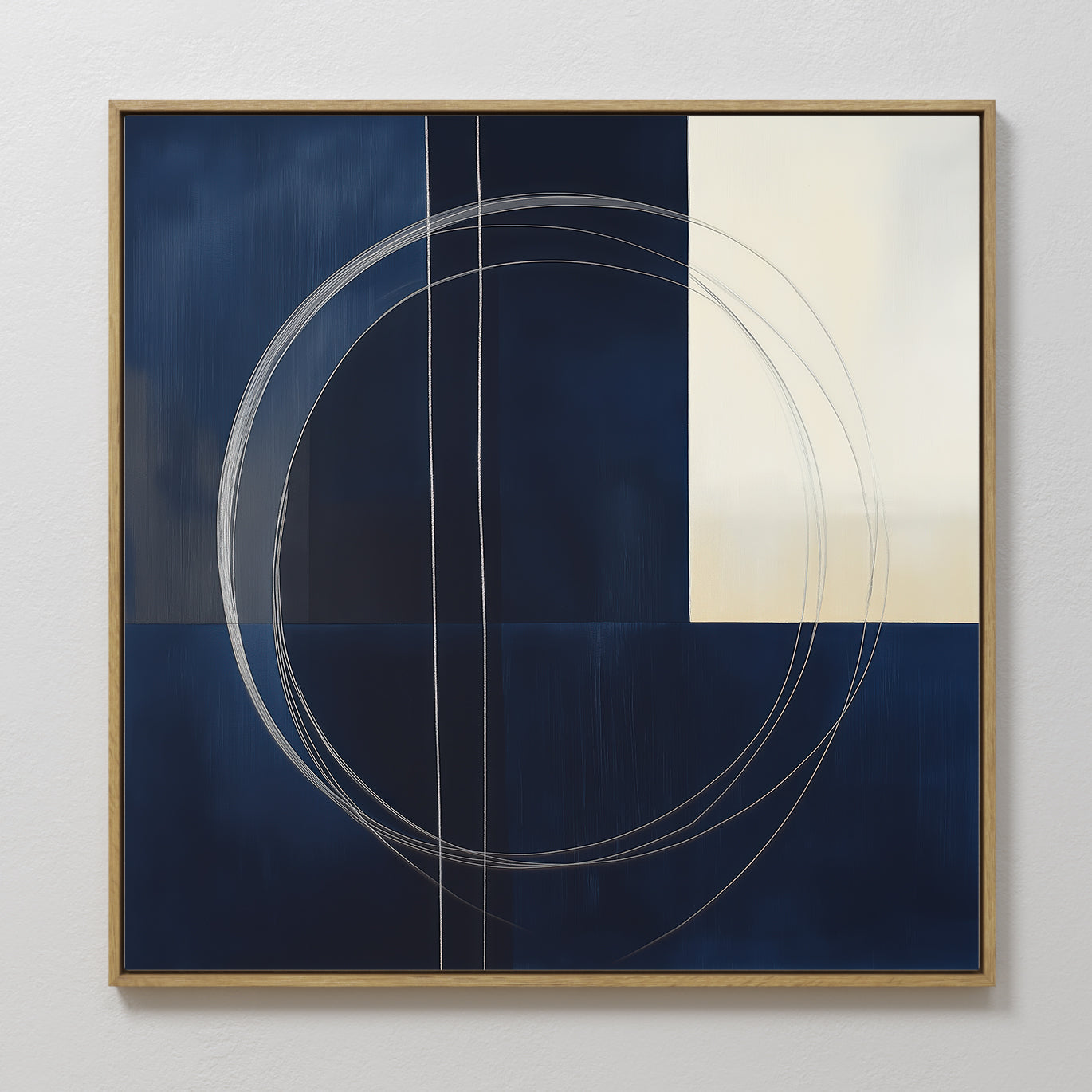 Original hand painted navy blue geometric circle abstract oil painting canvas wall art, nordic scandinavian elegant luxury modern home decor interior