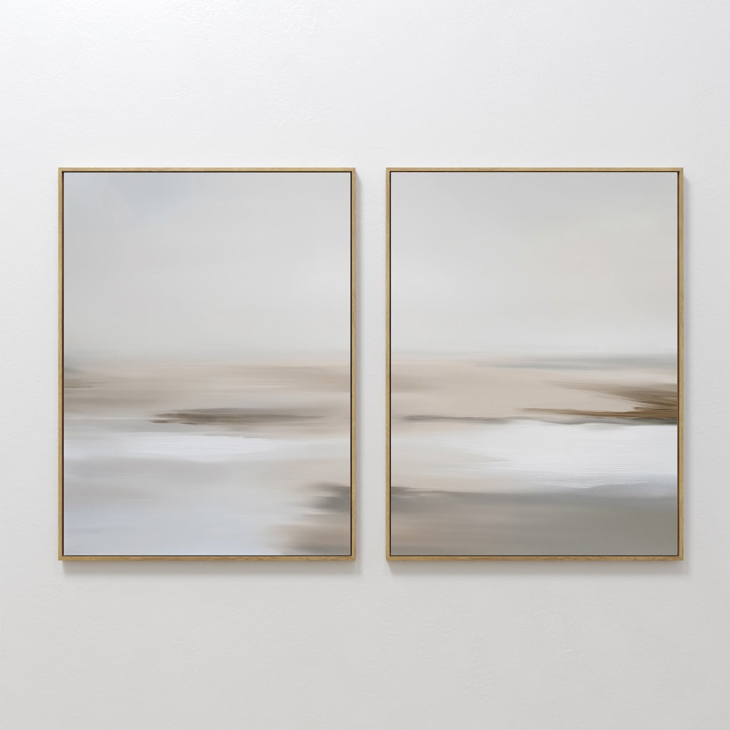 Original hand painted misty coastal abstract oil painting canvas set of 2, soft grey white beige tones, nordic scandinavian elegant luxury modern home