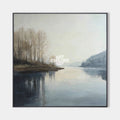 Original hand painted misty river landscape oil painting canvas, soft blue grey ivory tones, nordic scandinavian minimalist elegant lux