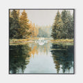 Original hand painted teal forest lake oil painting canvas wall art, nordic scandinavian elegant luxury modern living room interior des