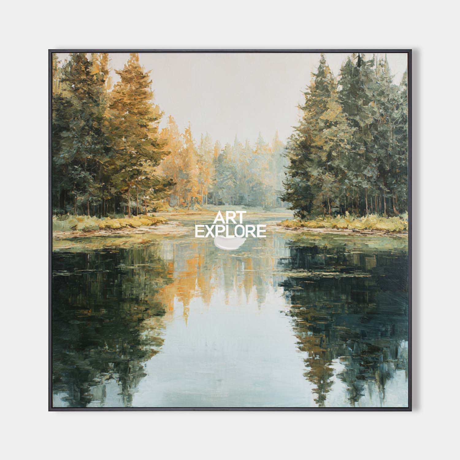 Original hand painted teal forest lake oil painting canvas wall art, nordic scandinavian elegant luxury modern living room interior des