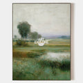 Original hand painted sage green atmospheric meadow oil painting canvas wall art, nordic scandinavian elegant luxury modern living room