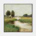 Original hand painted sage green landscape oil painting canvas wall art, nordic scandinavian elegant luxury vintage river meadow modern