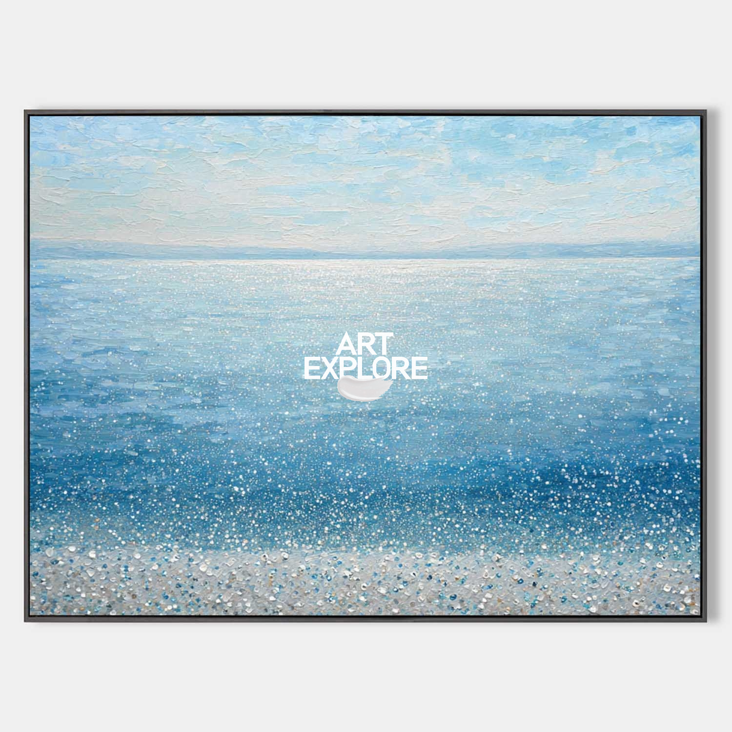 Original hand painted blue coastal ocean oil painting canvas wall art, nordic scandinavian minimalist elegant luxury modern living room