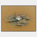 Original hand painted amber botanical water lily oil painting canvas wall art, elegant luxury vintage nordic scandinavian modern living