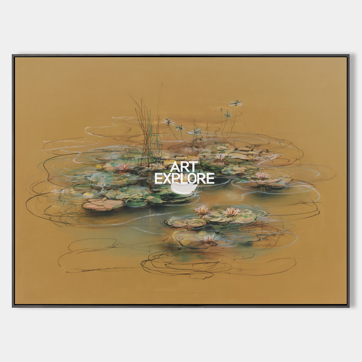 Original hand painted amber botanical water lily oil painting canvas wall art, elegant luxury vintage nordic scandinavian modern living