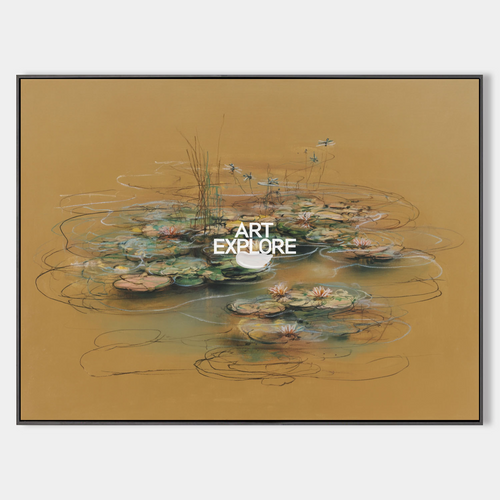 Original hand painted amber botanical water lily oil painting canvas wall art, elegant luxury vintage nordic scandinavian modern living