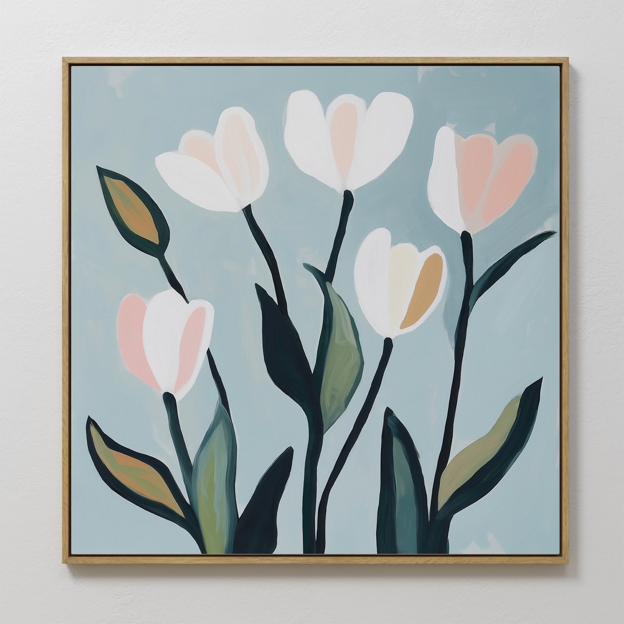 Original hand painted white tulip oil painting canvas wall art, soft blue blush pink gold green botanical nordic scandinavian elegant luxury modern ho
