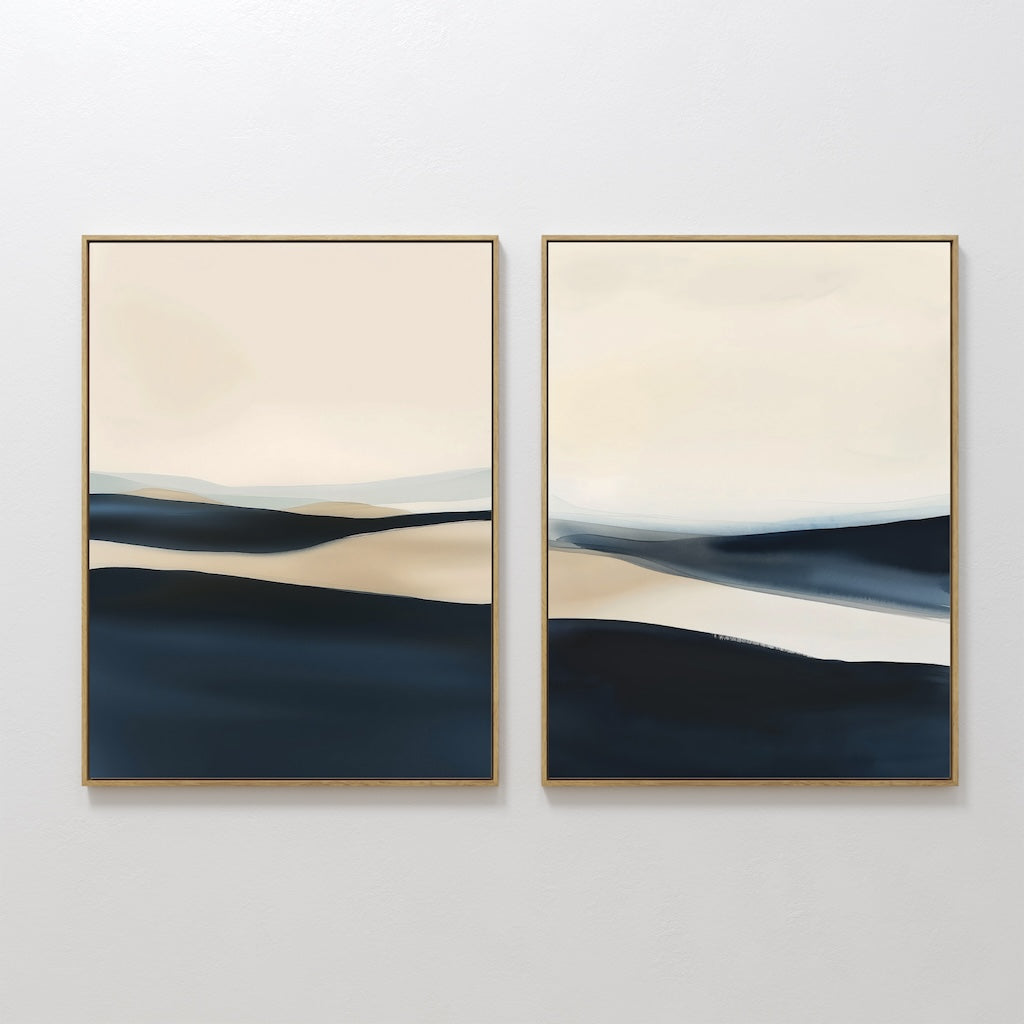 Original hand painted navy blue cream abstract coastal oil painting canvas wall art set of 2, nordic scandinavian elegant luxury modern living room ho