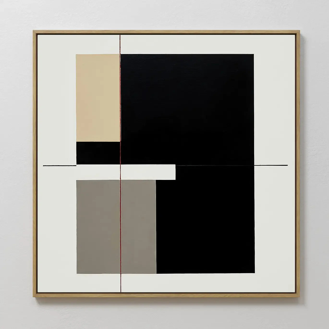 Original hand painted black geometric oil painting canvas wall art, bold tan grey blocks red line nordic scandinavian elegant luxury modern home decor