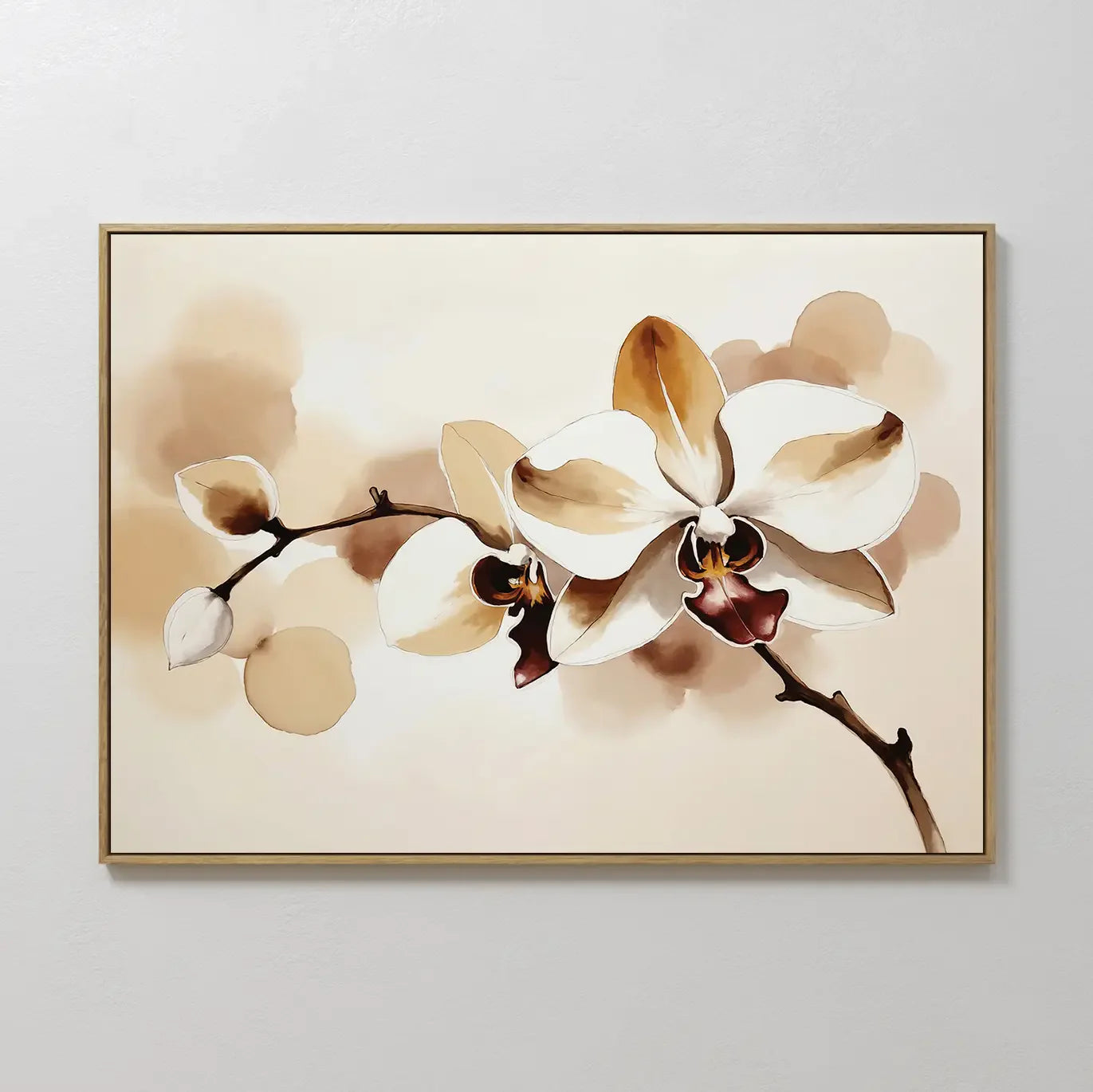Original hand painted ivory amber brown orchid botanical oil painting canvas wall art, nordic scandinavian elegant luxury minimalist modern home decor
