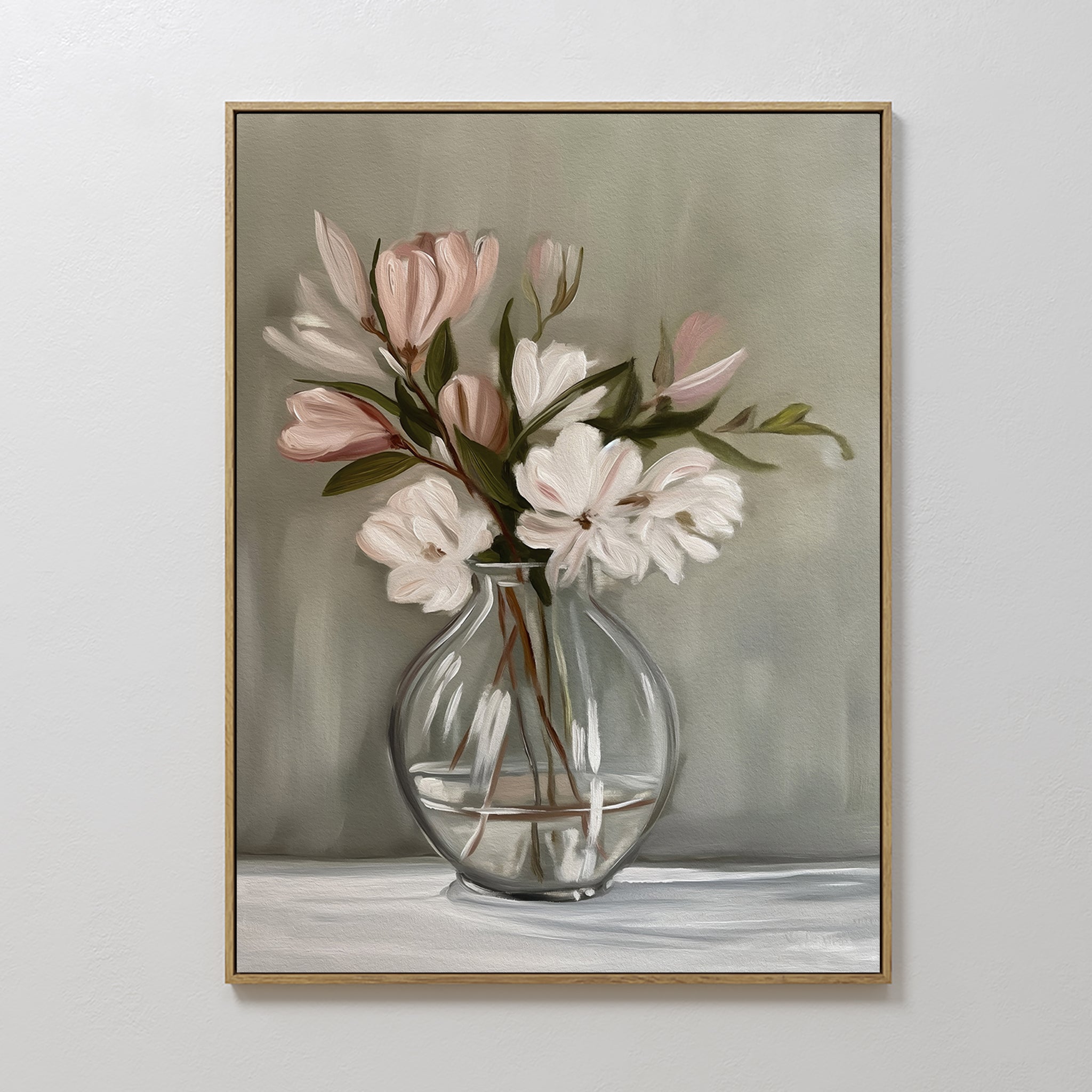 Hand painted original blush pink white magnolia floral oil painting canvas wall art, nordic scandinavian elegant luxury minimalist modern home decor i