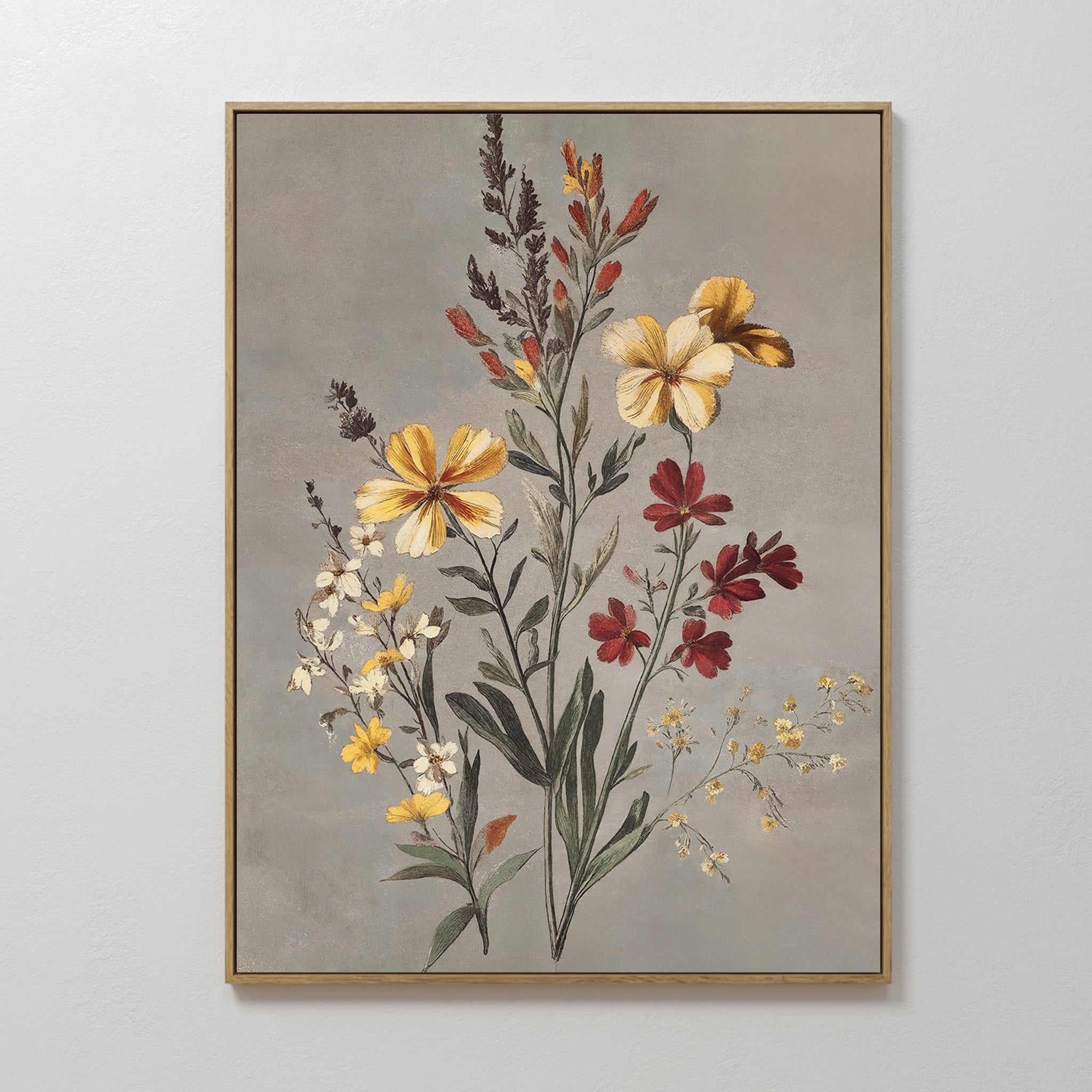 Original hand painted yellow red white wildflower botanical oil painting canvas wall art, vintage elegant luxury nordic scandinavian modern home decor