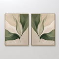 Original hand painted sage green botanical abstract oil painting canvas wall art set of 2, nordic scandinavian elegant luxury minimalist modern living