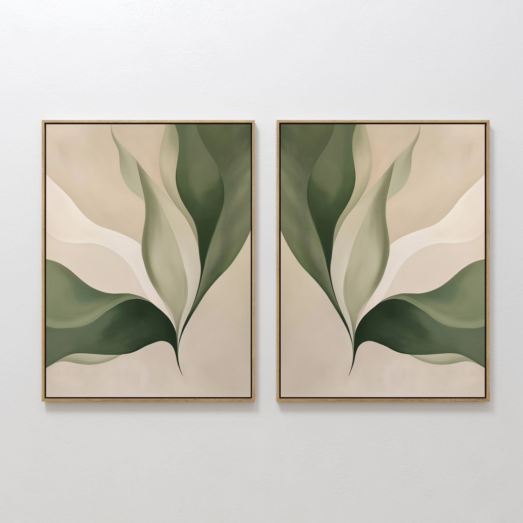 Original hand painted sage green botanical abstract oil painting canvas wall art set of 2, nordic scandinavian elegant luxury minimalist modern living