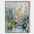 Original hand painted abstract botanical oil painting canvas, soft blue sage green gold textured brushstrokes, elegant luxury modern no