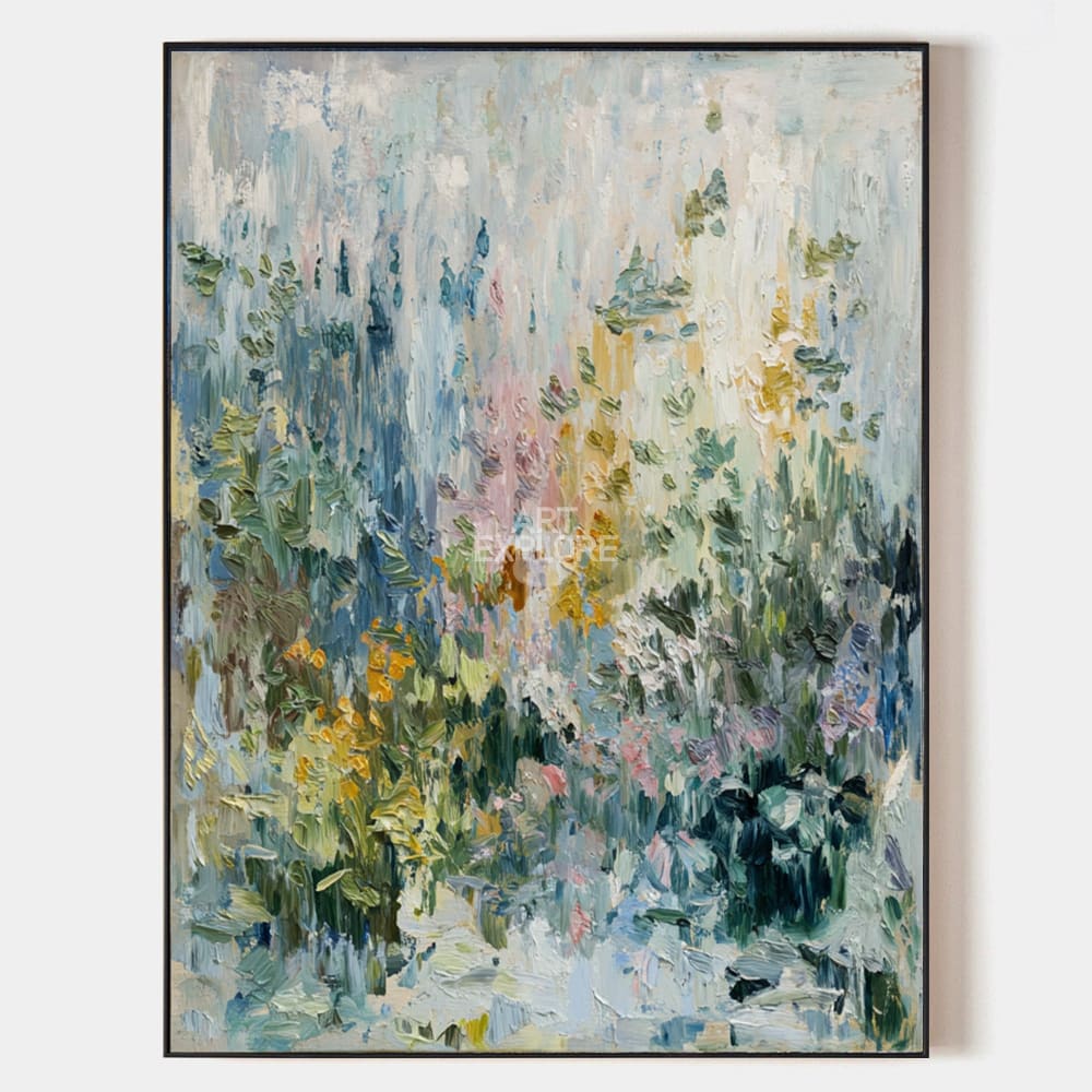 Original hand painted abstract botanical oil painting canvas, soft blue sage green gold textured brushstrokes, elegant luxury modern no