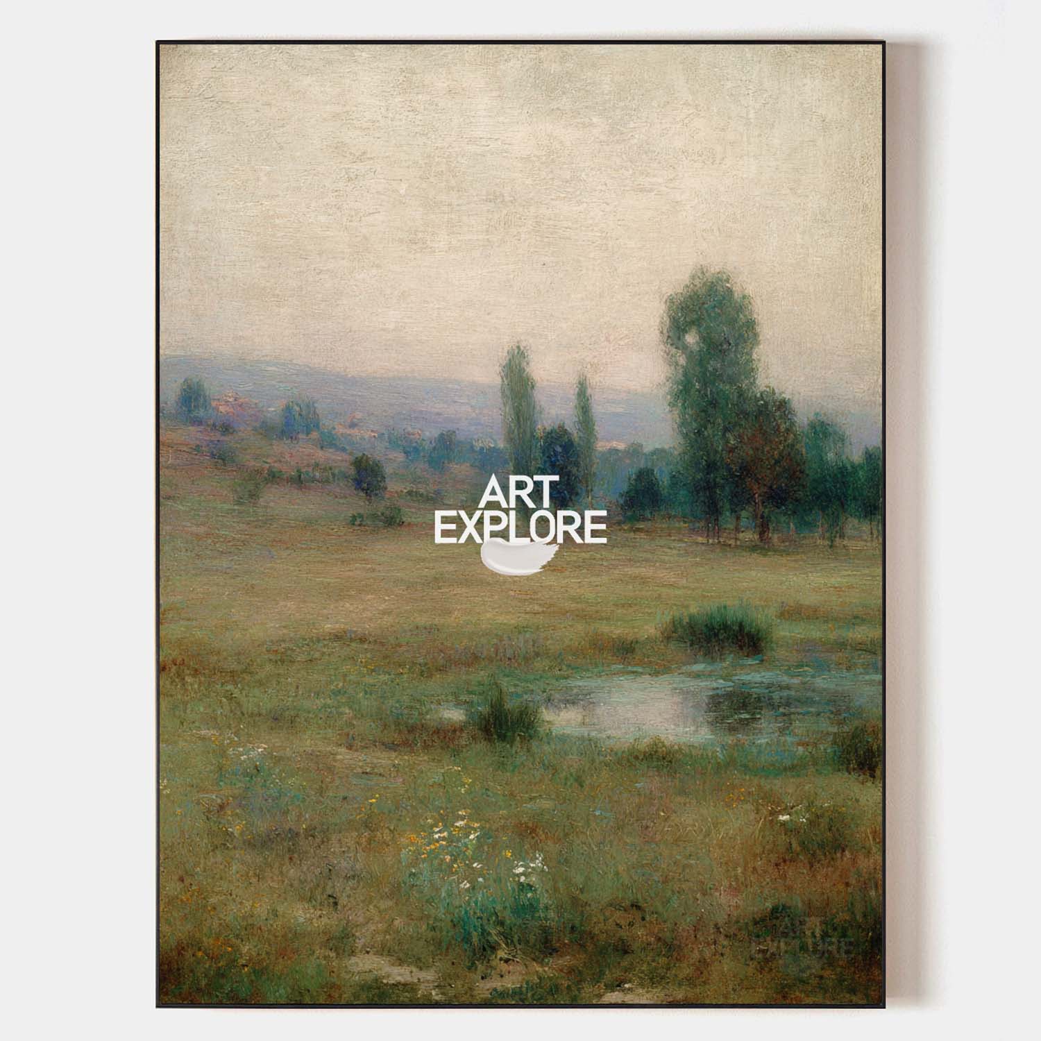 Original hand painted misty meadow landscape oil painting canvas wall art, soft green teal ochre tones, elegant luxury nordic scandinav