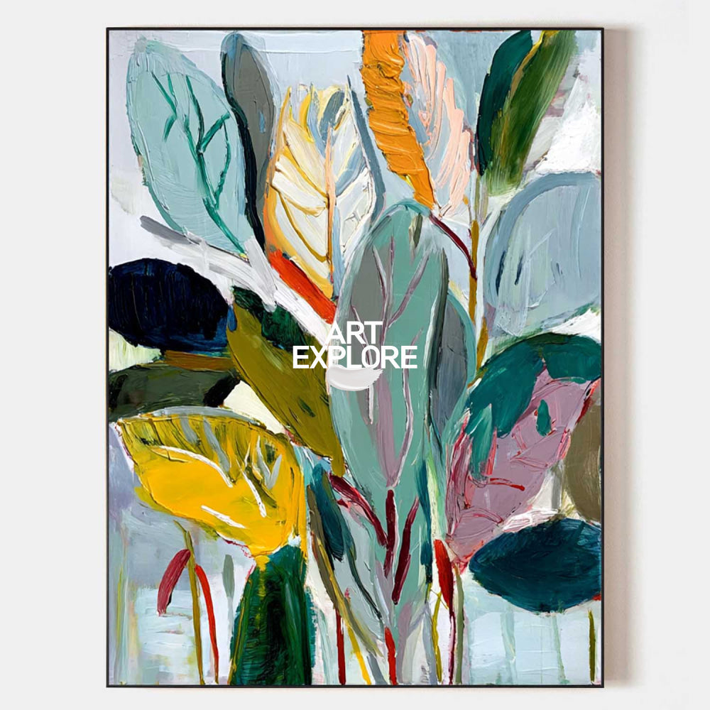 Hand painted original oil painting canvas wall art botanical leaves teal gold pink elegant luxury nordic scandinavian modern home decor