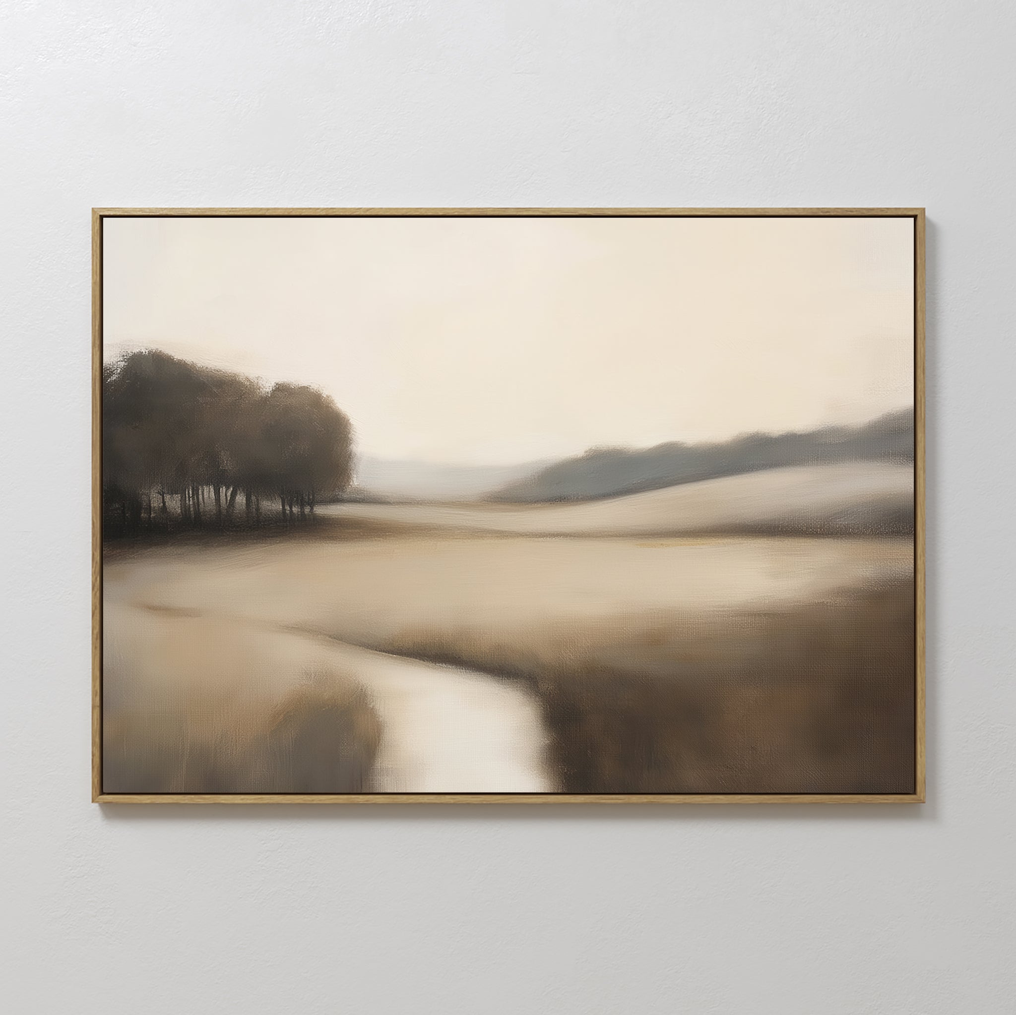 Original hand painted warm beige taupe brown misty valley landscape oil painting canvas wall art, nordic scandinavian elegant luxury modern living roo