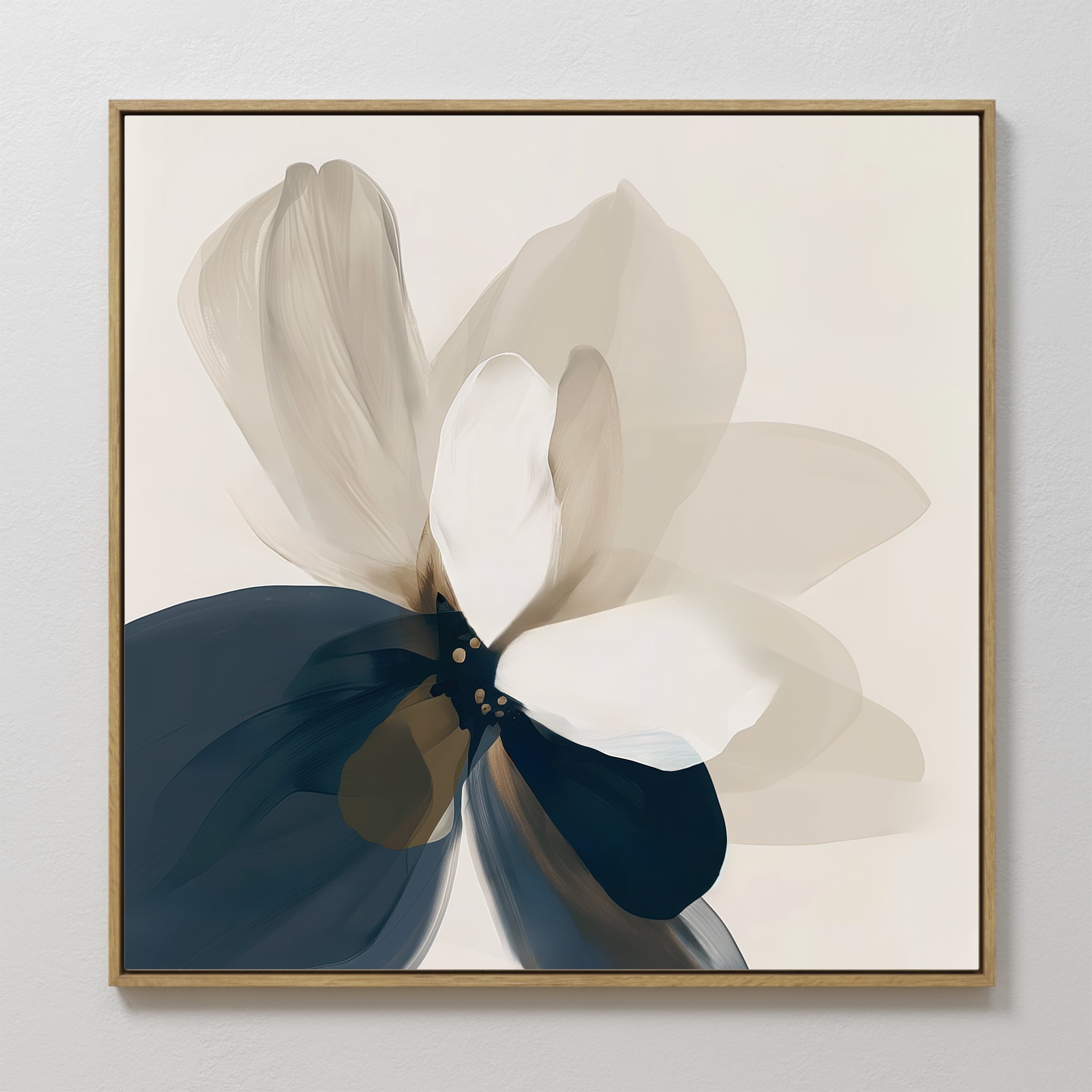 Original hand painted ivory and navy blue abstract floral oil painting canvas wall art, nordic scandinavian elegant luxury minimalist modern living ro