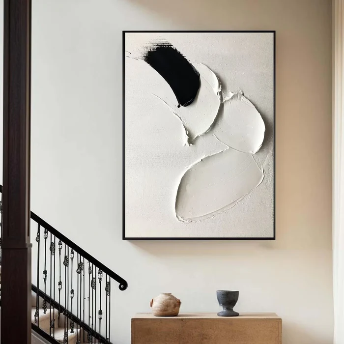 Original hand painted black ivory abstract oil painting, textured raised organic shapes canvas wall art, nordic scandinavian minimalist