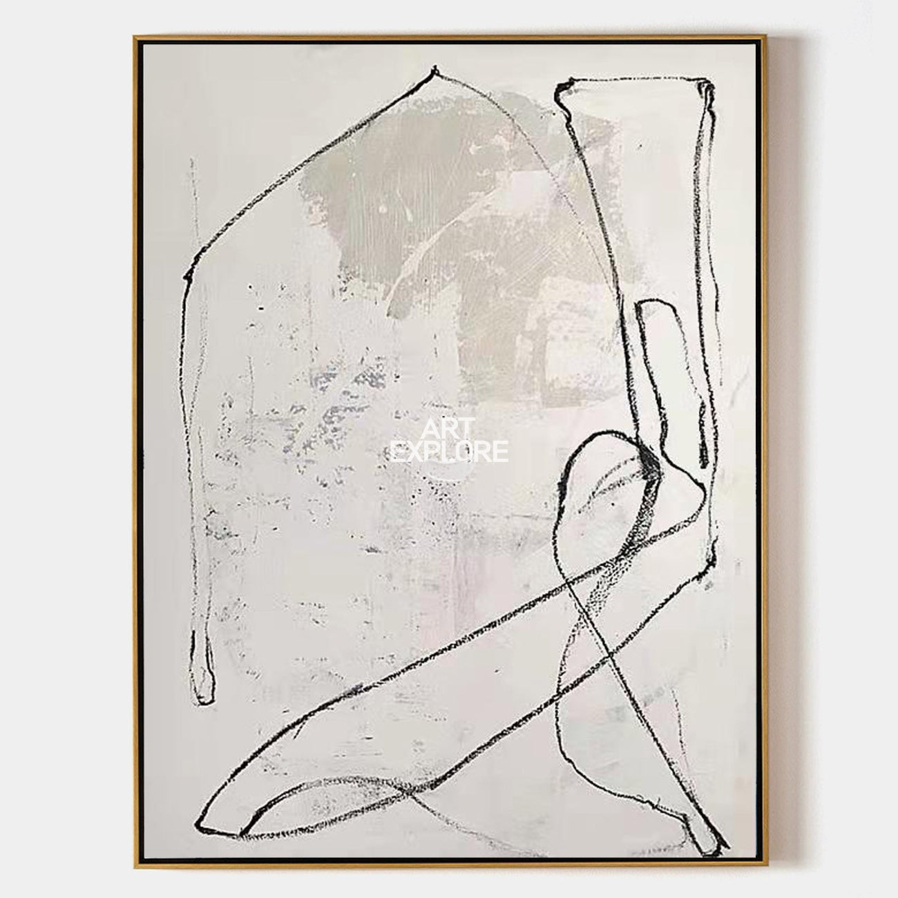 Original hand painted ivory abstract oil painting bold black charcoal lines textured canvas nordic scandinavian minimalist elegant luxu