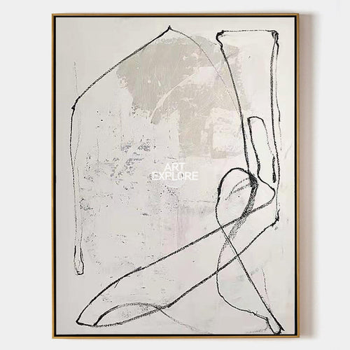 Original hand painted ivory abstract oil painting bold black charcoal lines textured canvas nordic scandinavian minimalist elegant luxu