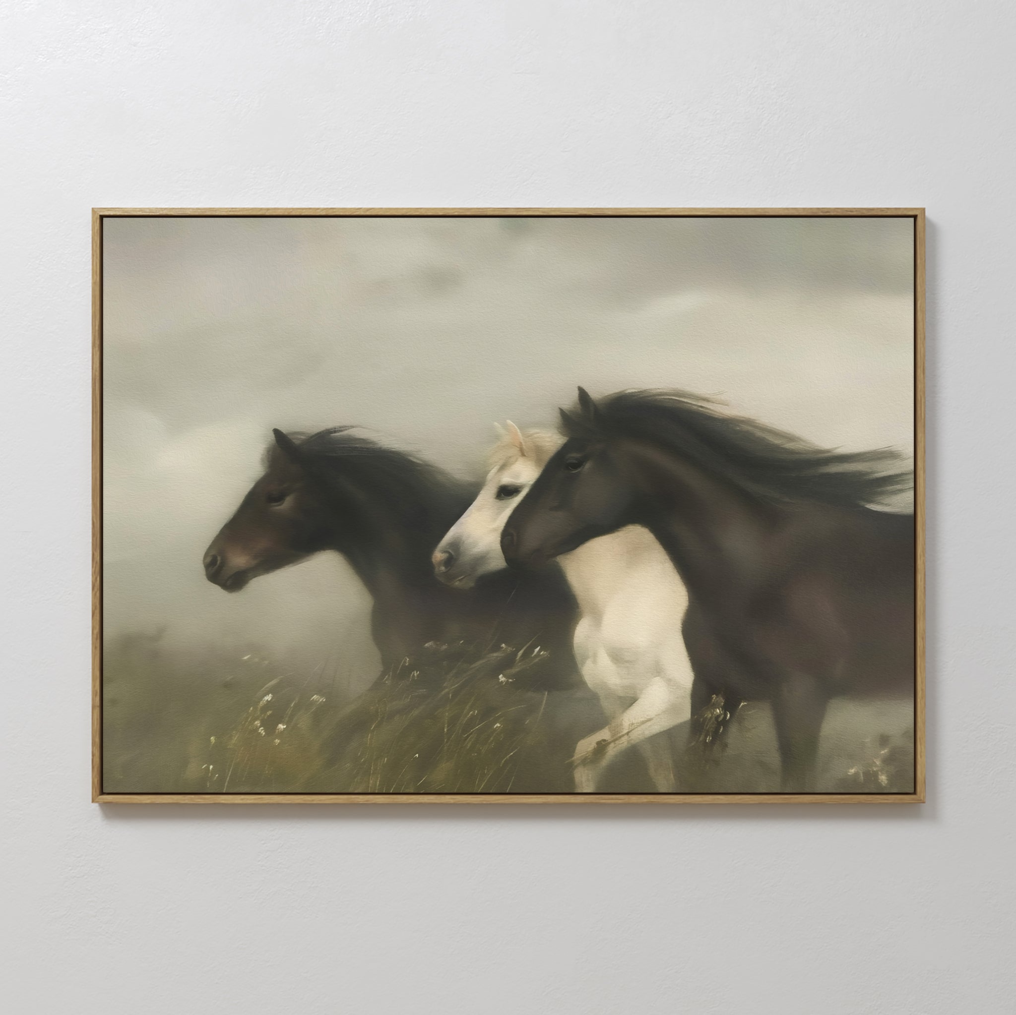 Original hand painted dark brown ivory wild horses atmospheric oil painting canvas wall art, nordic scandinavian elegant luxury modern living room hom