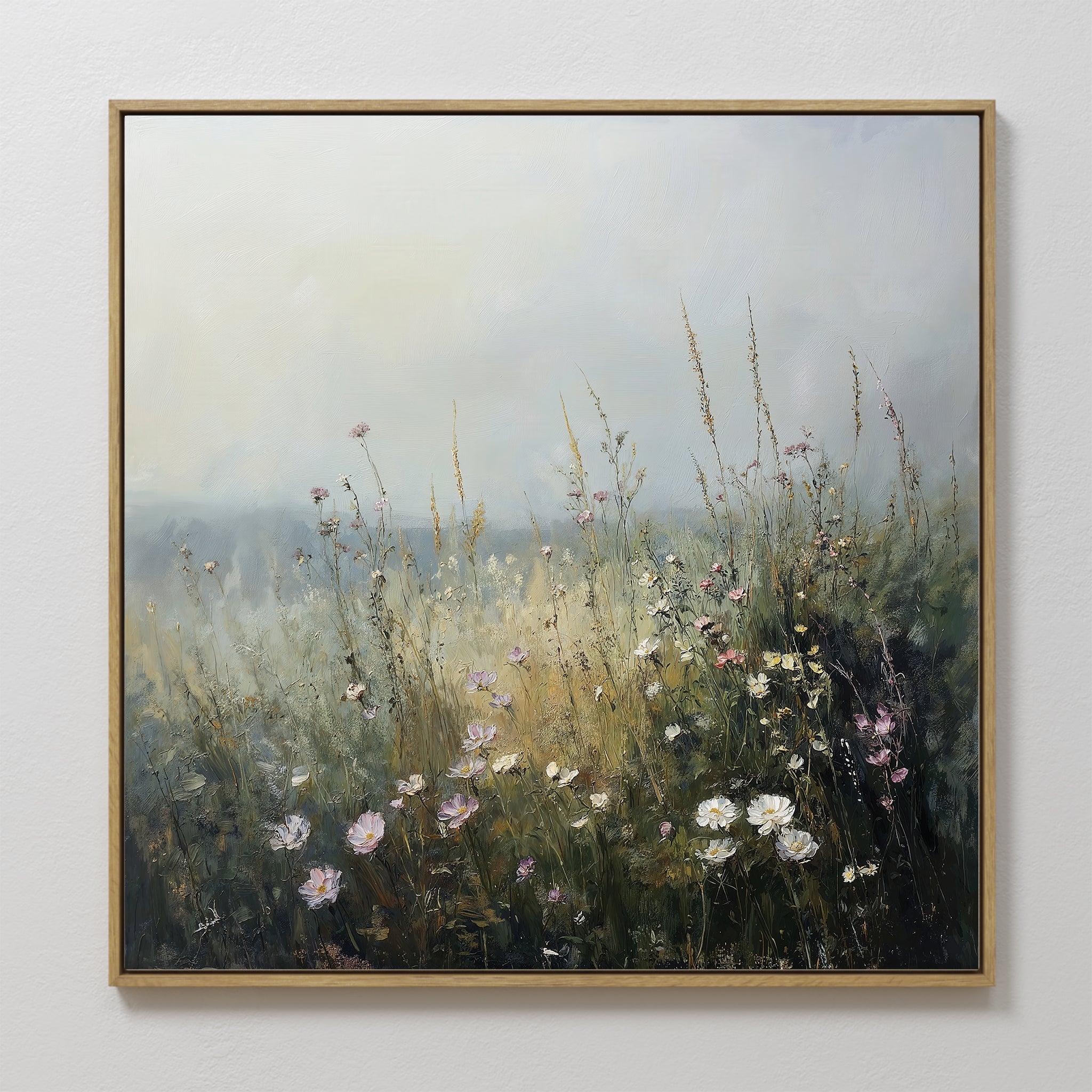 Original hand painted blush pink white wildflower meadow oil painting canvas wall art, nordic scandinavian elegant luxury modern botanical home decor