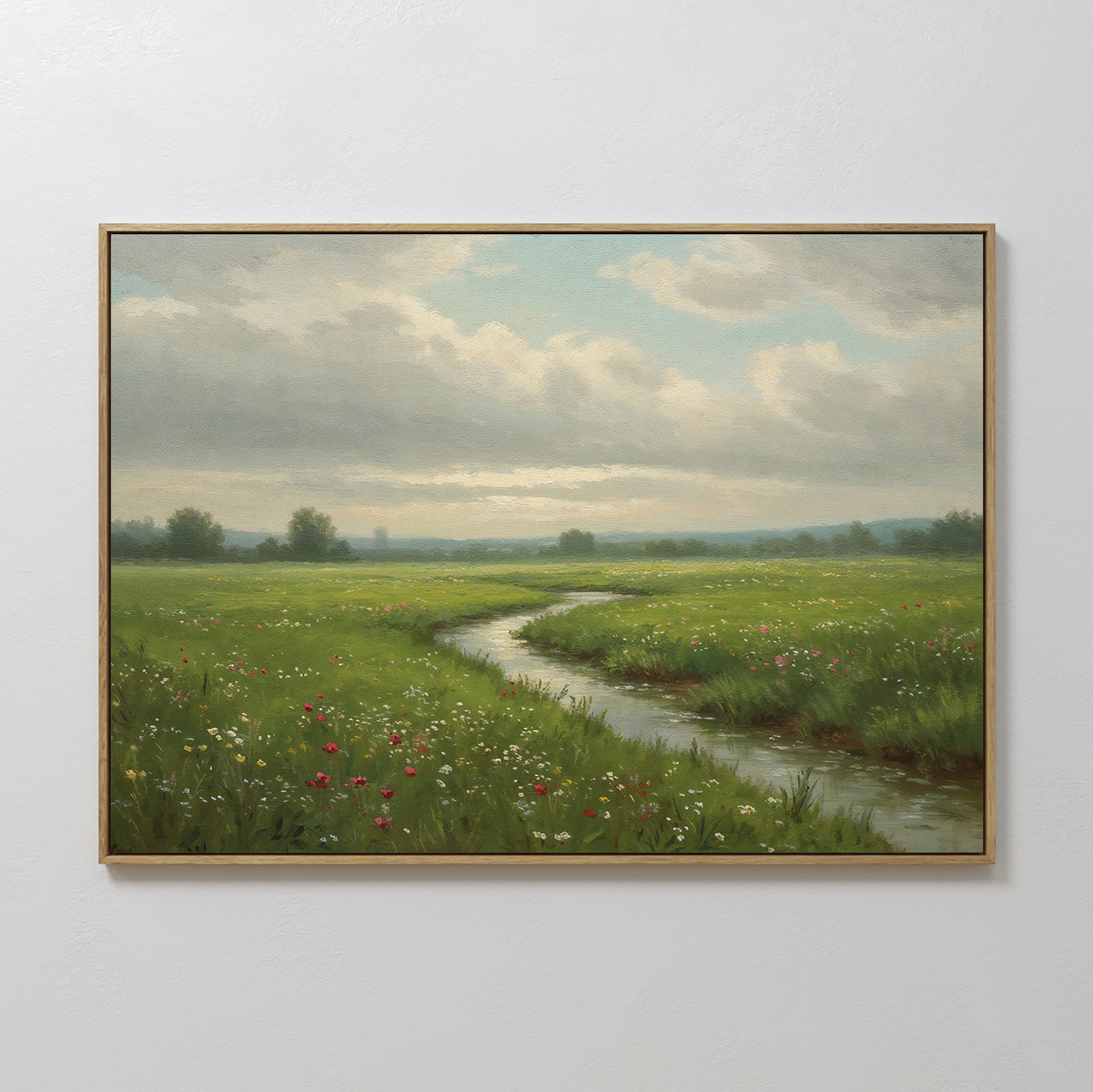 Original hand painted green meadow wildflower stream oil painting canvas wall art, vintage elegant luxury nordic scandinavian modern living room home