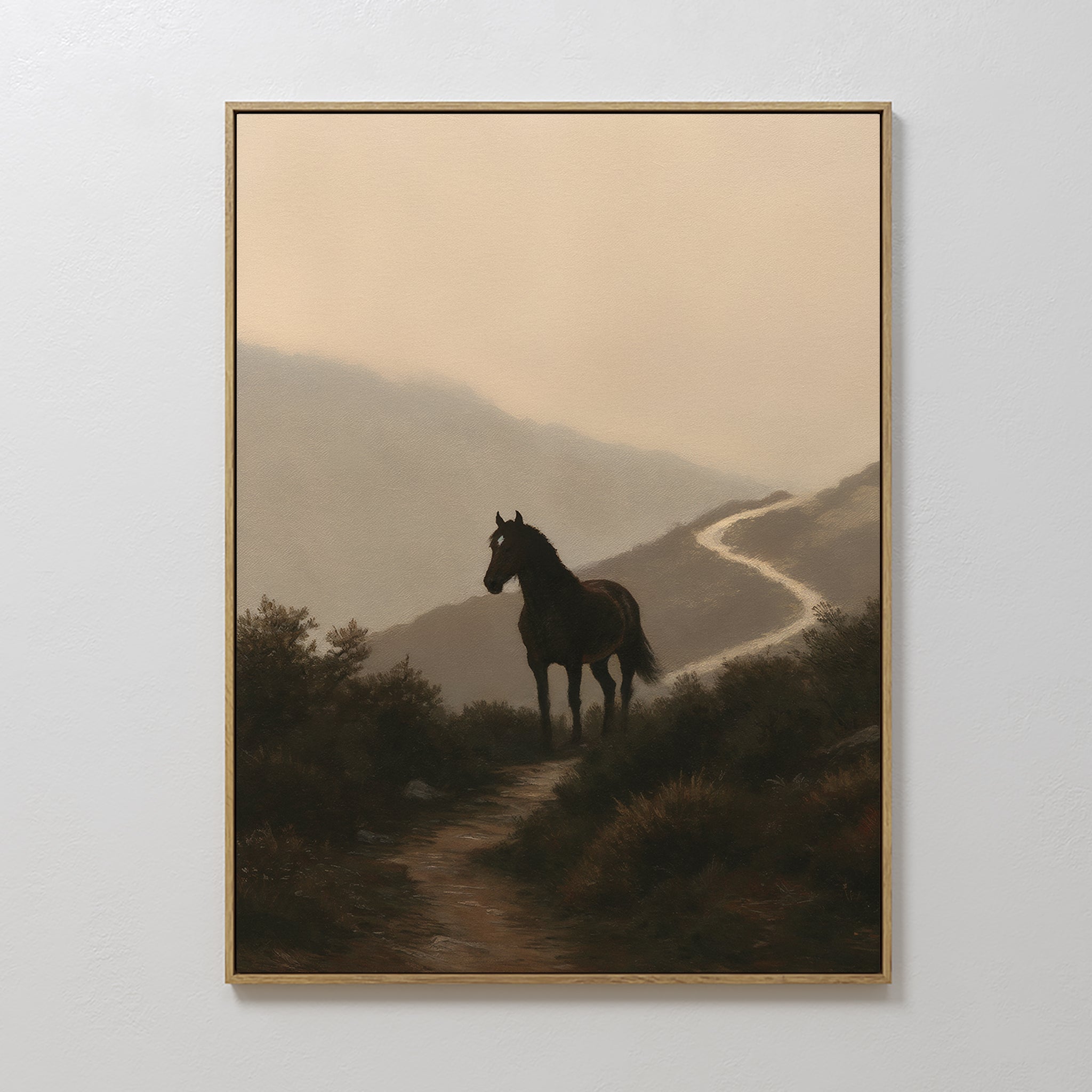 Hand painted original dark brown horse silhouette oil painting canvas wall art, misty mountain path warm beige nordic scandinavian elegant luxury mode