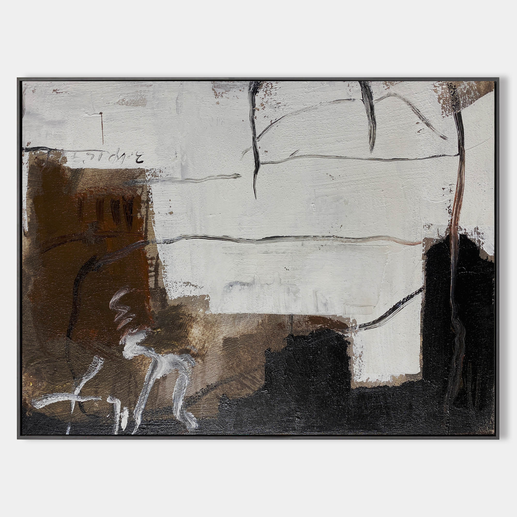 Original hand painted sienna charcoal abstract oil painting canvas wall art, nordic scandinavian minimalist elegant dog silhouette mode