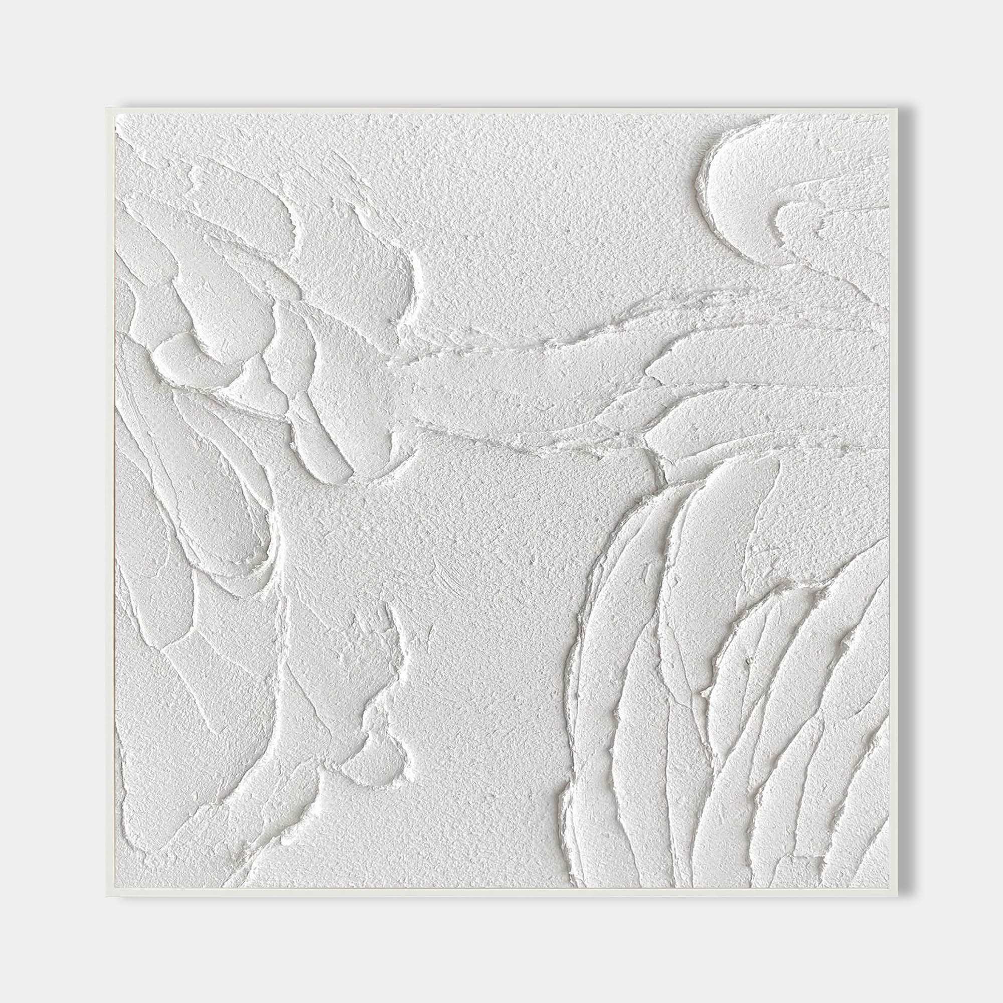 Original hand painted white abstract oil painting, raised textural organic forms on canvas, minimalist nordic scandinavian elegant luxu