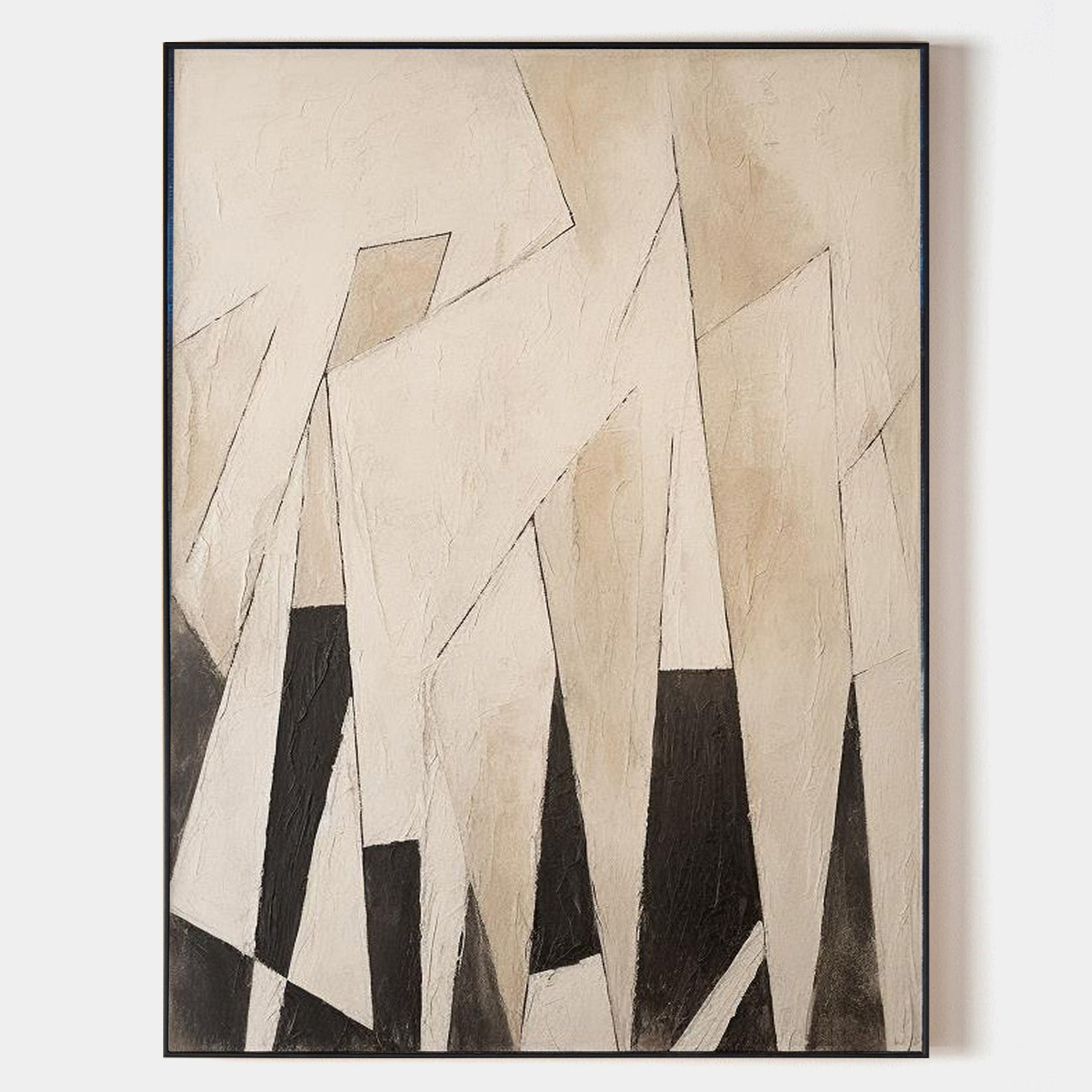 Original hand painted ivory charcoal geometric abstract oil painting canvas wall art, nordic scandinavian minimalist elegant luxury mod
