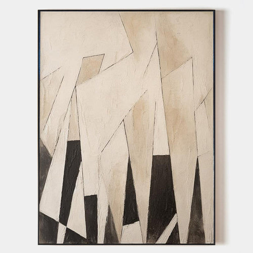 Original hand painted ivory charcoal geometric abstract oil painting canvas wall art, nordic scandinavian minimalist elegant luxury mod