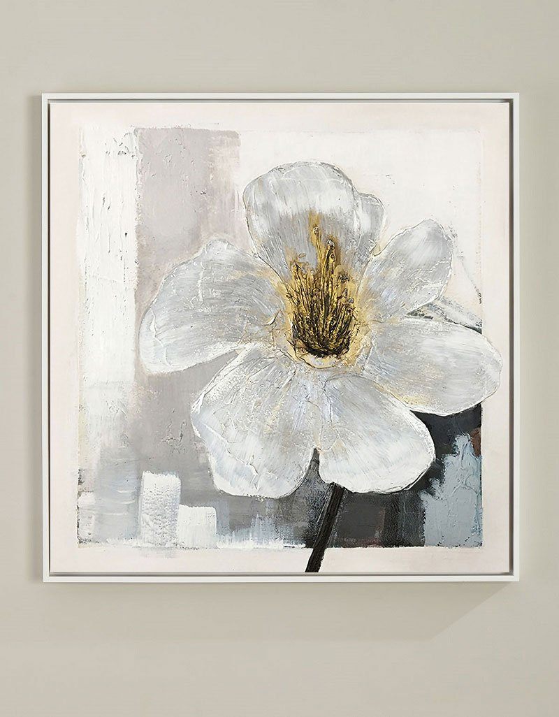 Original hand painted white magnolia floral oil painting canvas wall art, gold centre, nordic scandinavian minimalist elegant luxury mo
