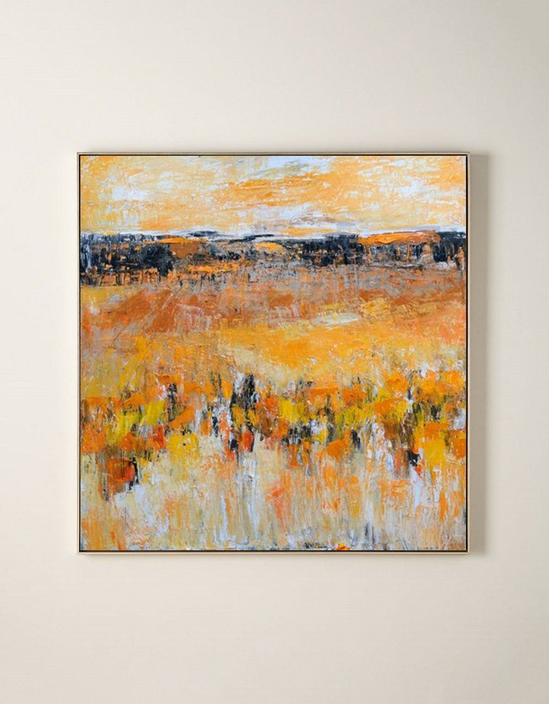 Original hand painted amber orange abstract landscape oil painting canvas wall art, modern elegant luxury nordic scandinavian home deco